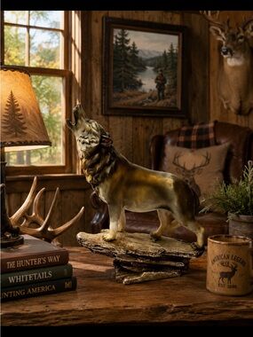 Large Vintage Howling Wolf On Cliff Edge 13" Resin